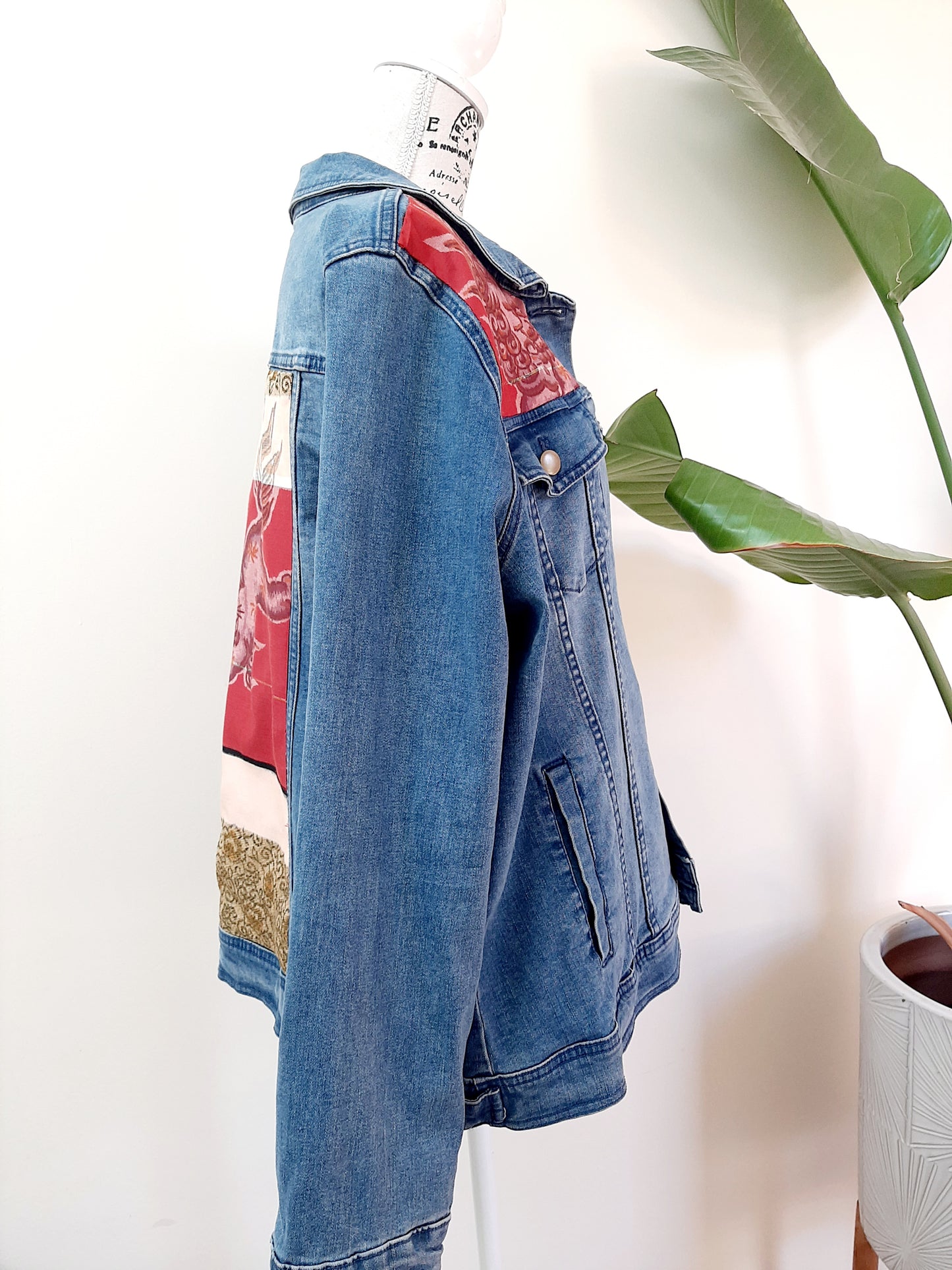 Upcycled Denim jacket with vintage kimono fabrics