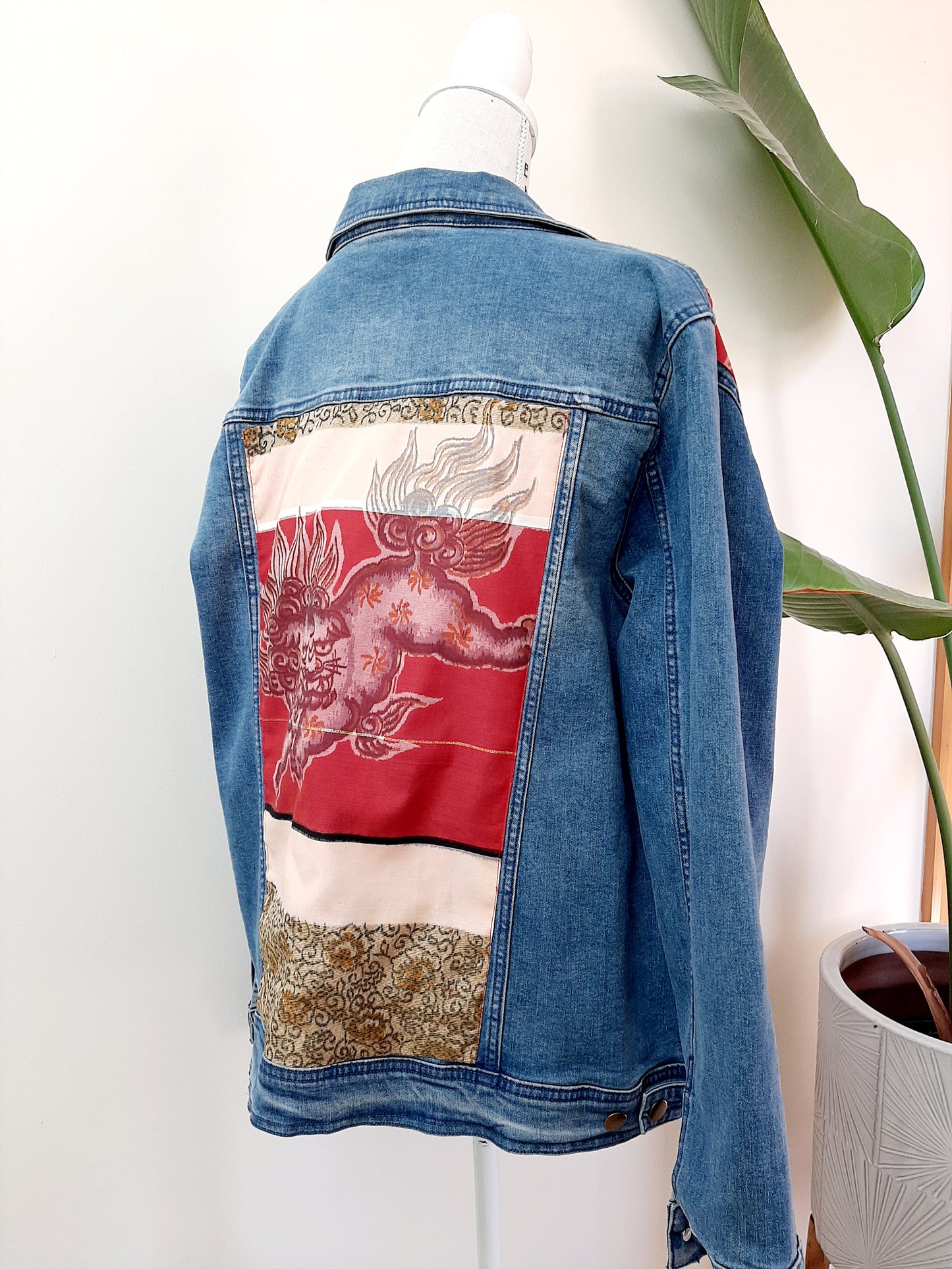 Upcycled Denim jacket with vintage kimono fabrics