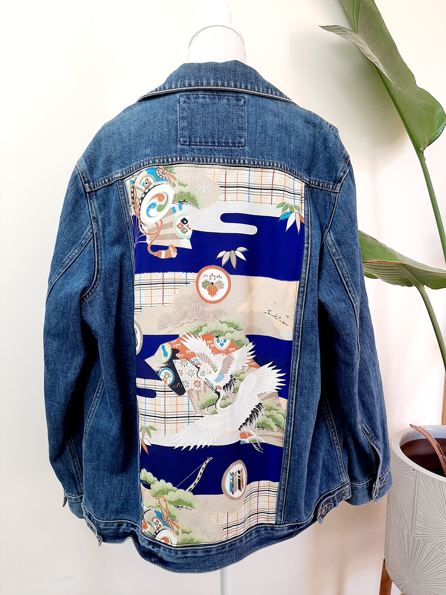 Upcycled Denim jacket with vintage kimono fabrics