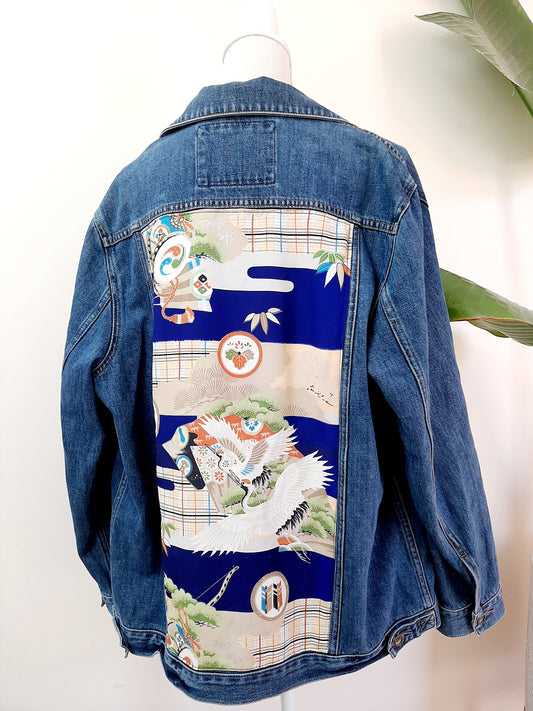 Upcycled Denim jacket with vintage kimono fabrics