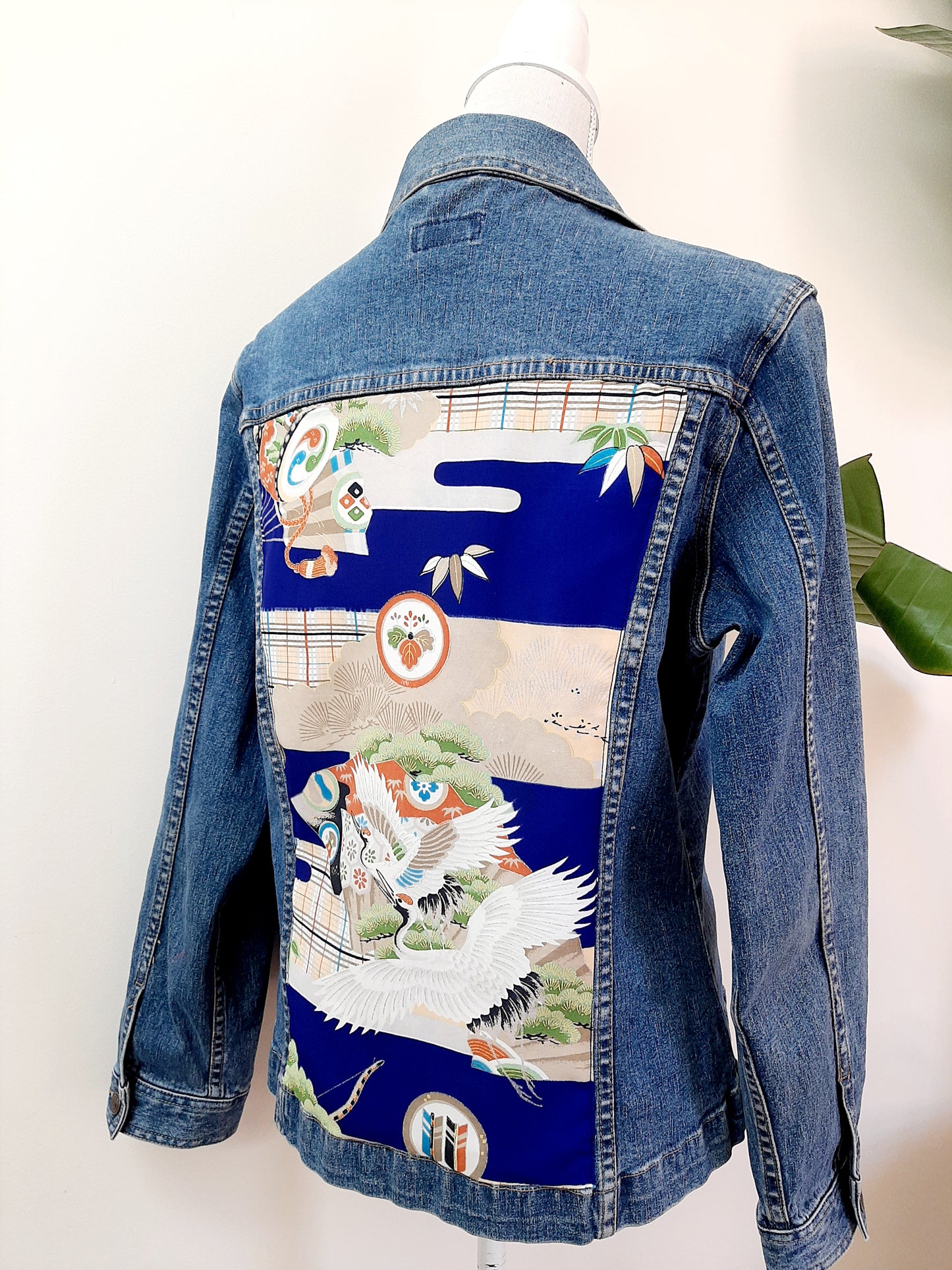 Upcycled Denim jacket with vintage kimono fabrics