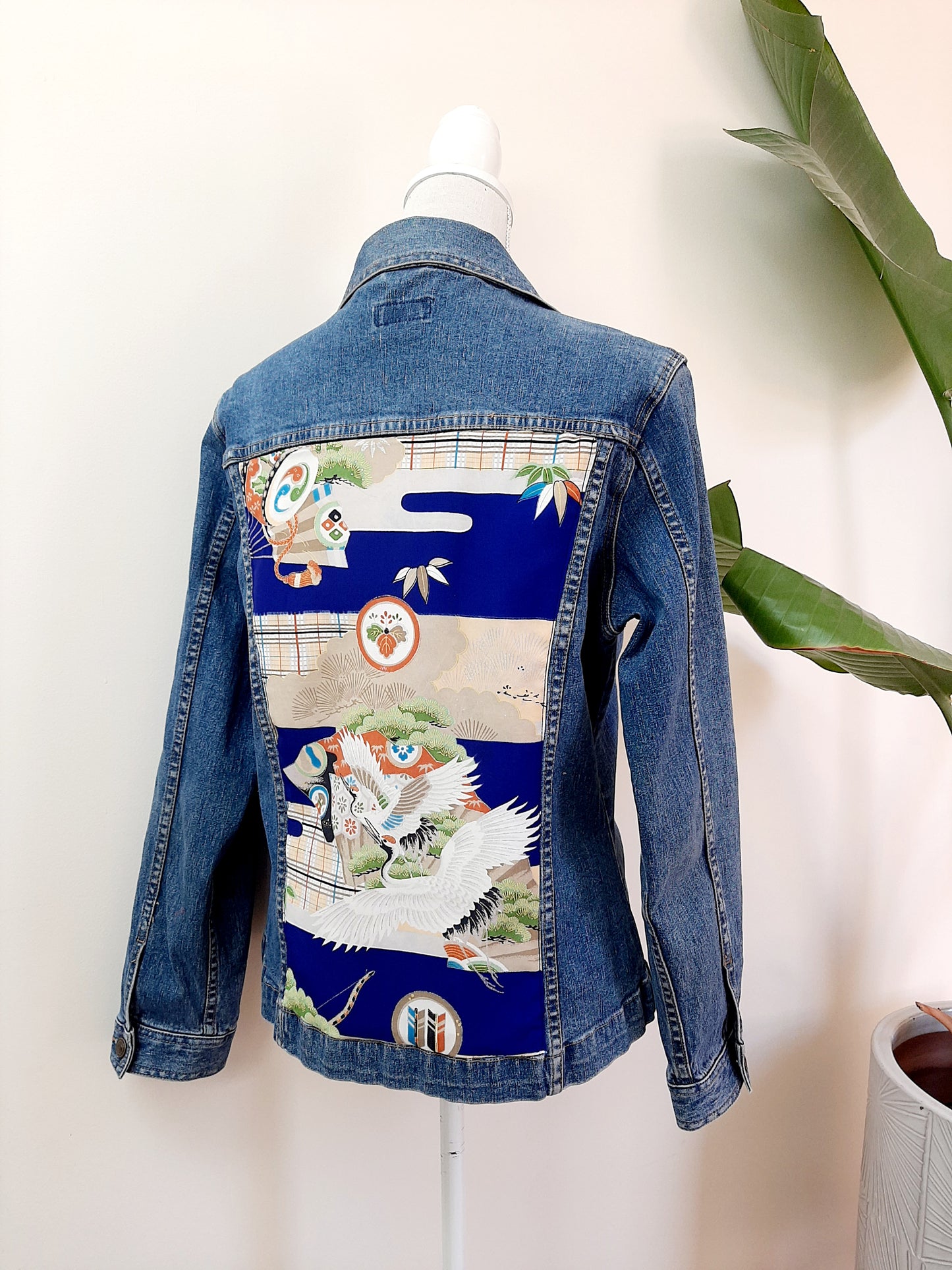 Upcycled Denim jacket with vintage kimono fabrics