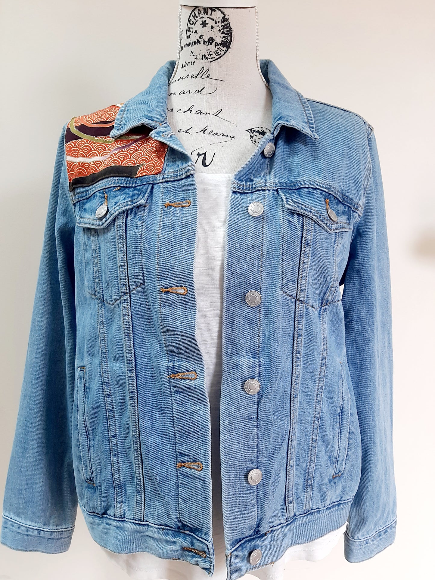 Upcycled Denim jacket with vintage kimono fabrics