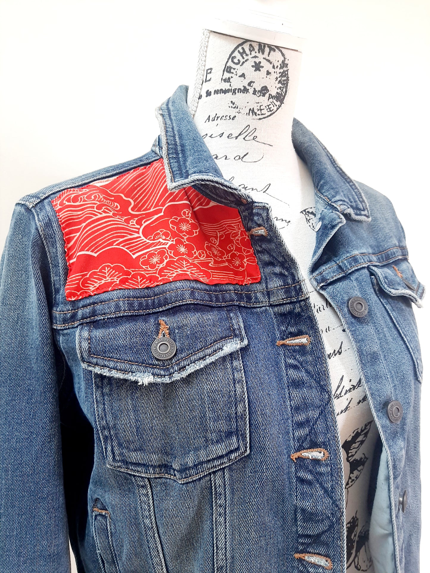 Upcycled Denim jacket with vintage kimono fabrics