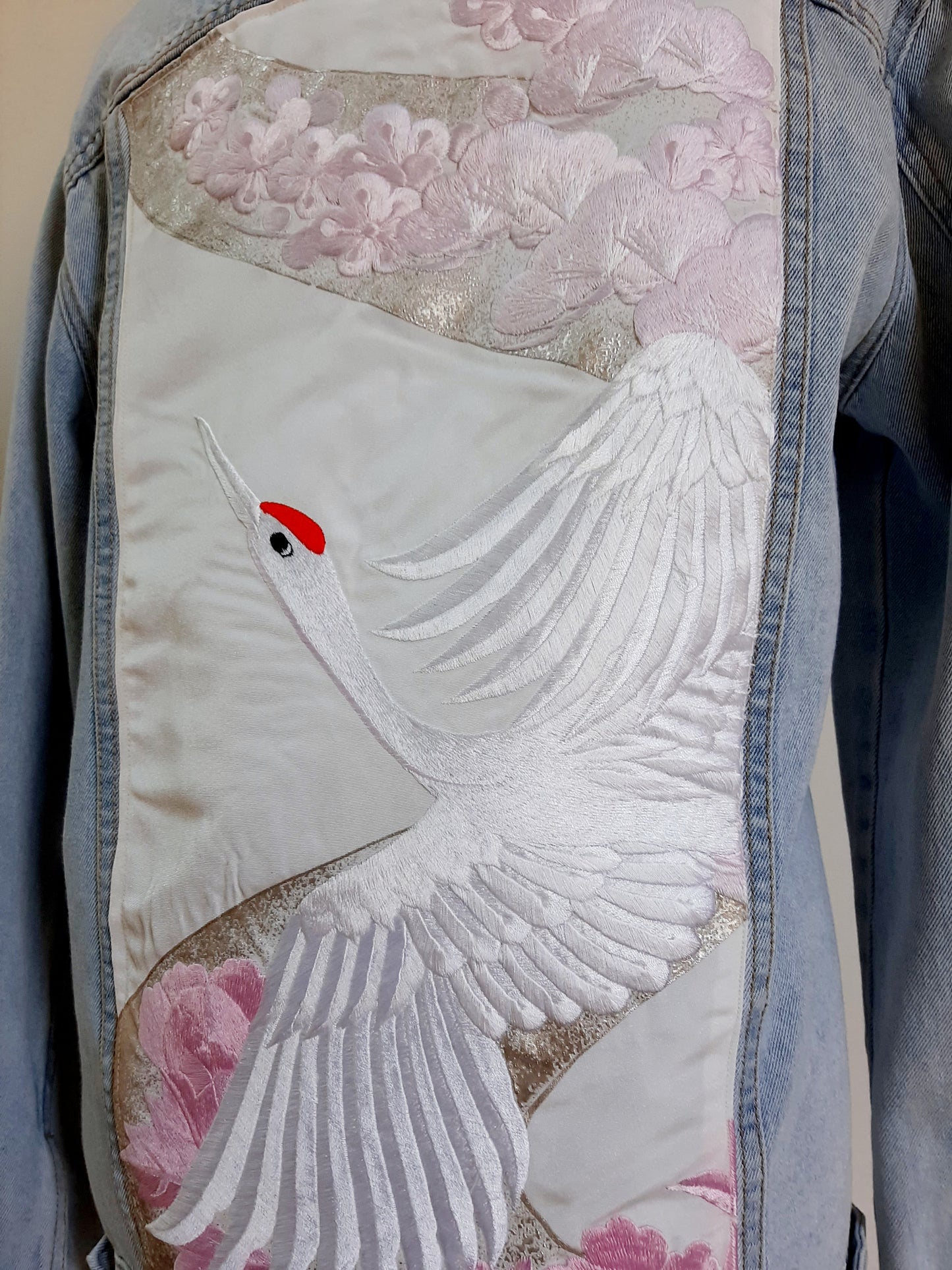 Upcycled Denim jacket with vintage kimono fabrics