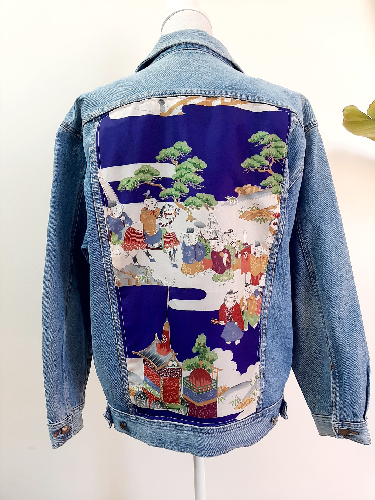 Upcycled Denim jacket with vintage kimono fabrics