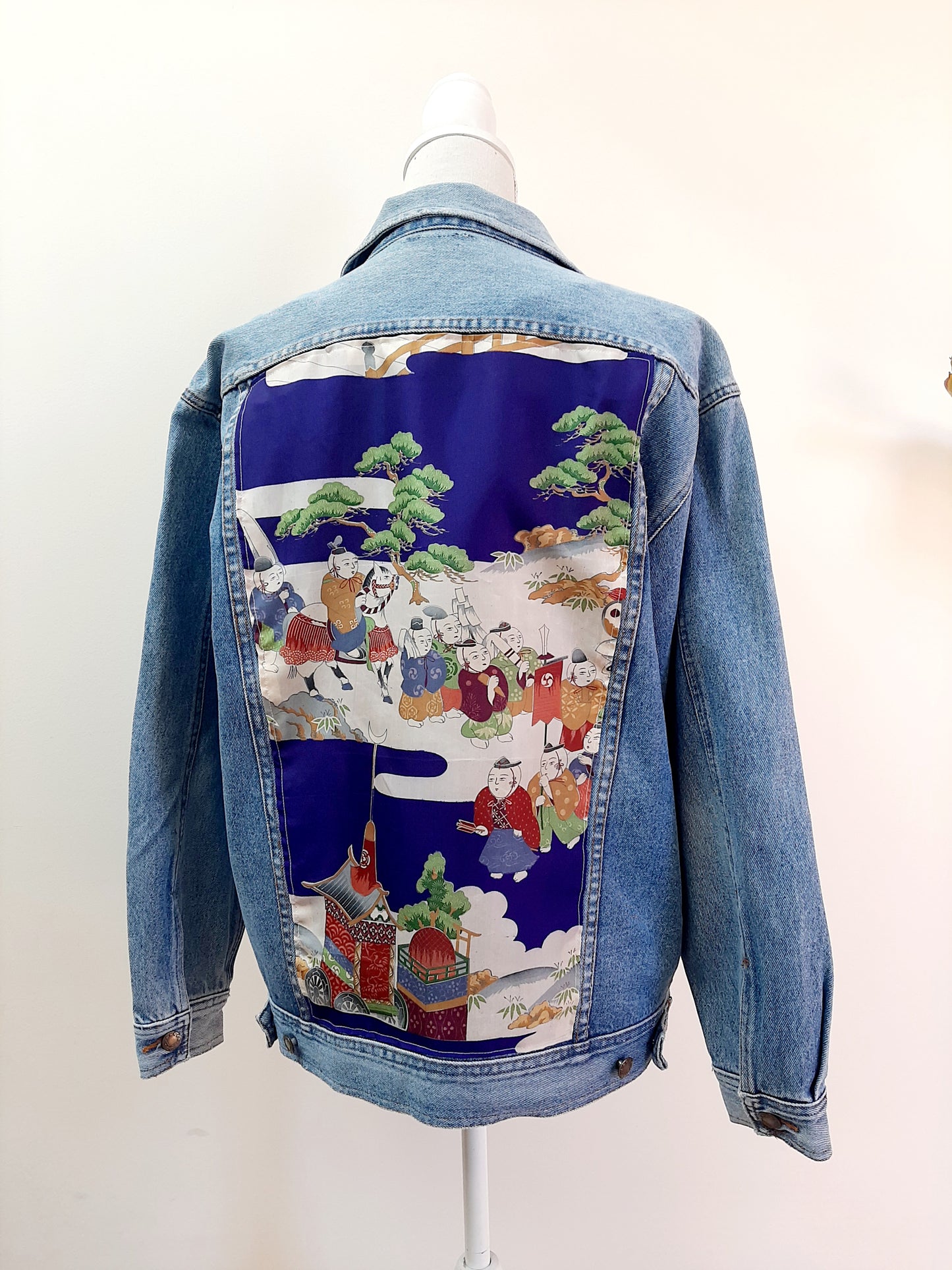 Upcycled Denim jacket with vintage kimono fabrics