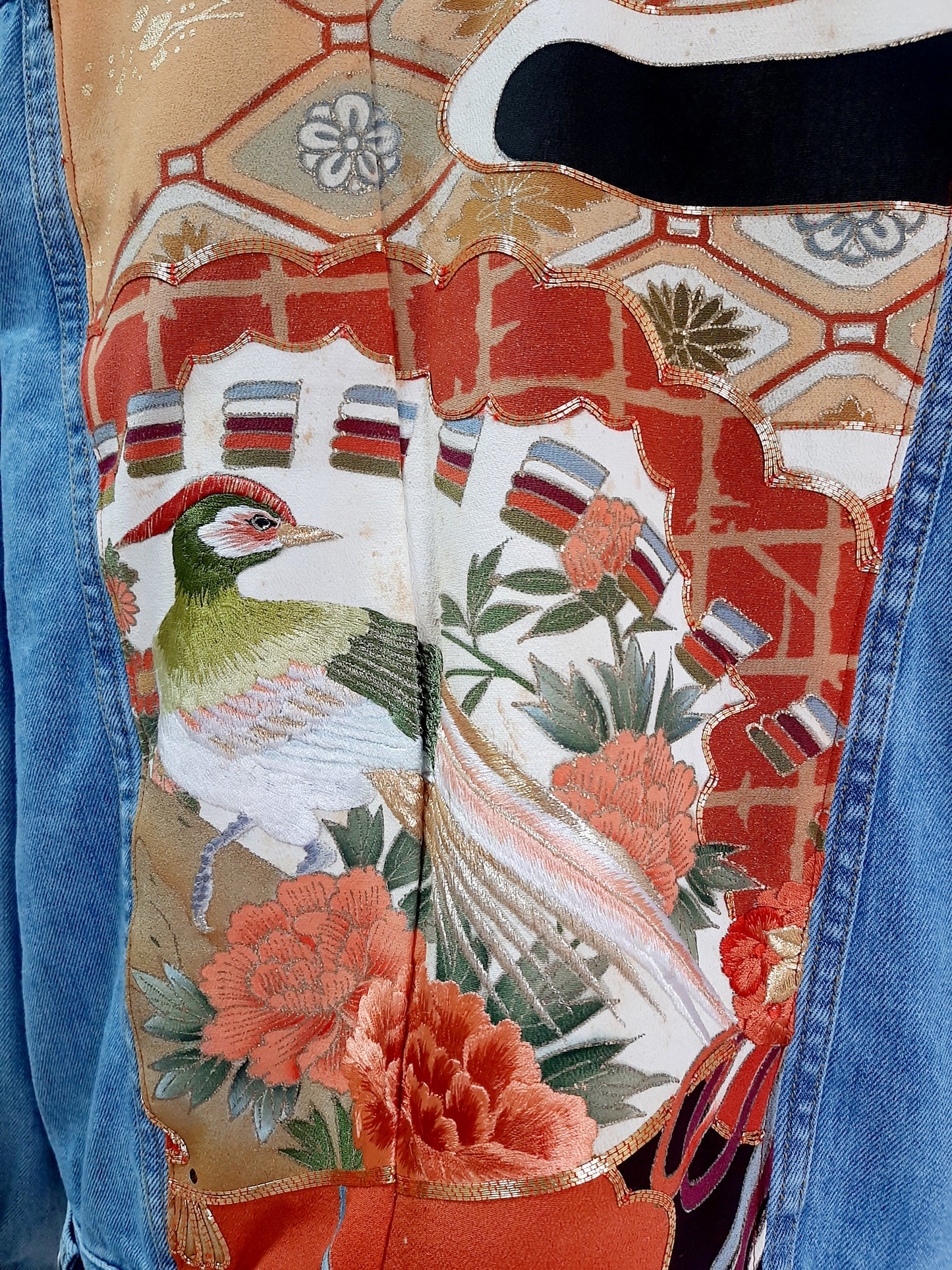 Upcycled Denim jacket with vintage kimono fabrics