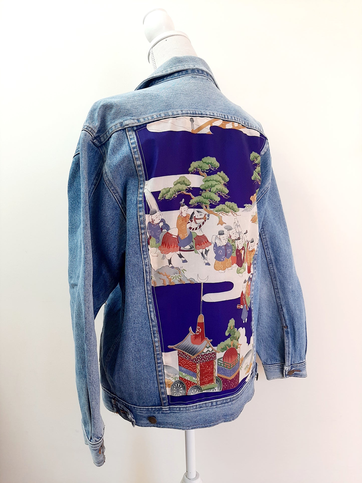 Upcycled Denim jacket with vintage kimono fabrics