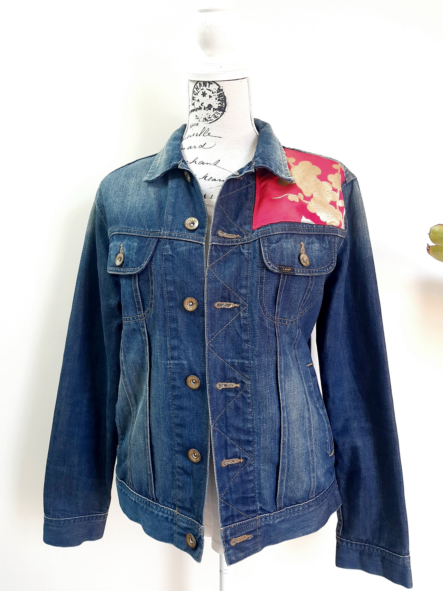Upcycled Denim jacket with vintage kimono fabrics