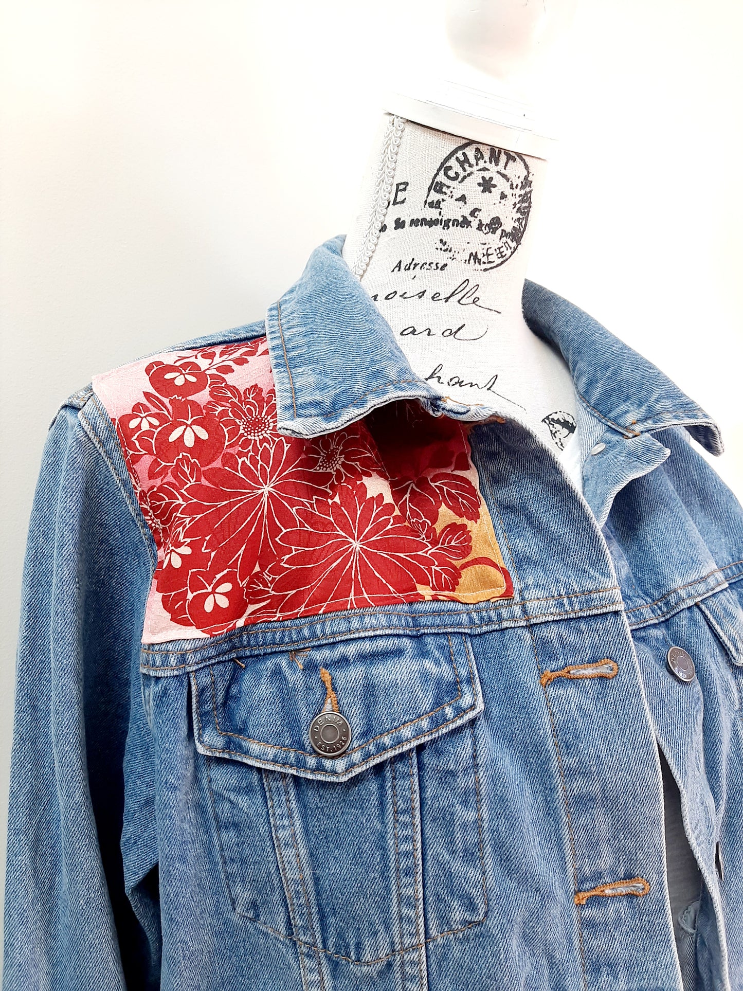 Upcycled Denim jacket with vintage kimono fabrics