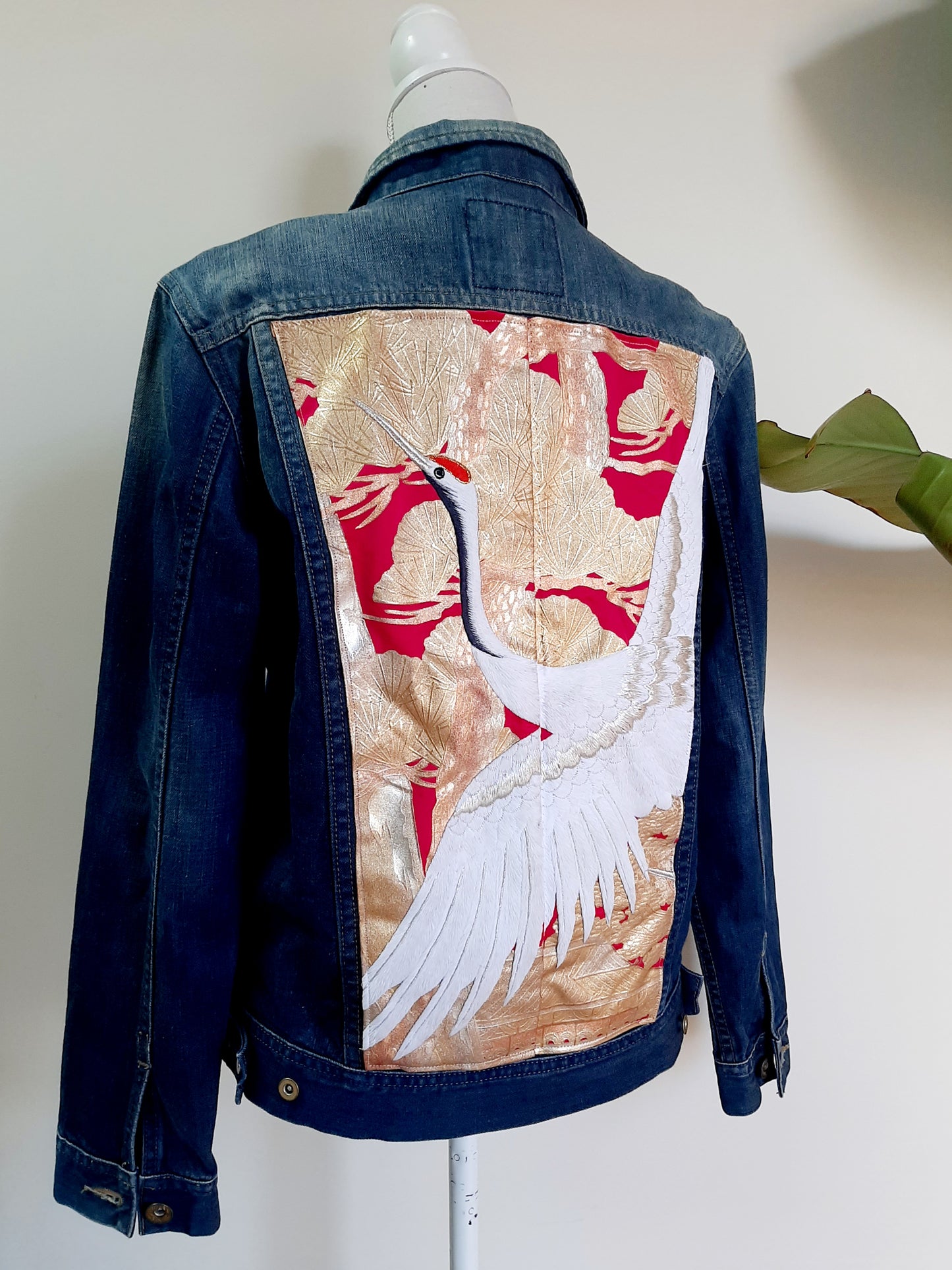 Upcycled Denim jacket with vintage kimono fabrics