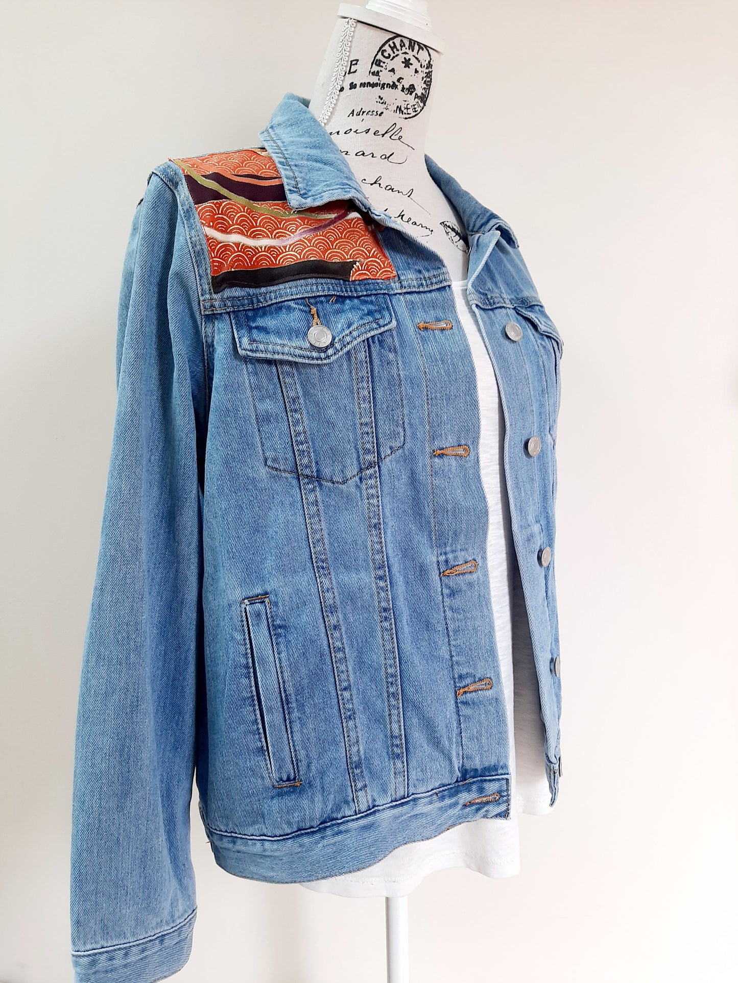 Upcycled Denim jacket with vintage kimono fabrics