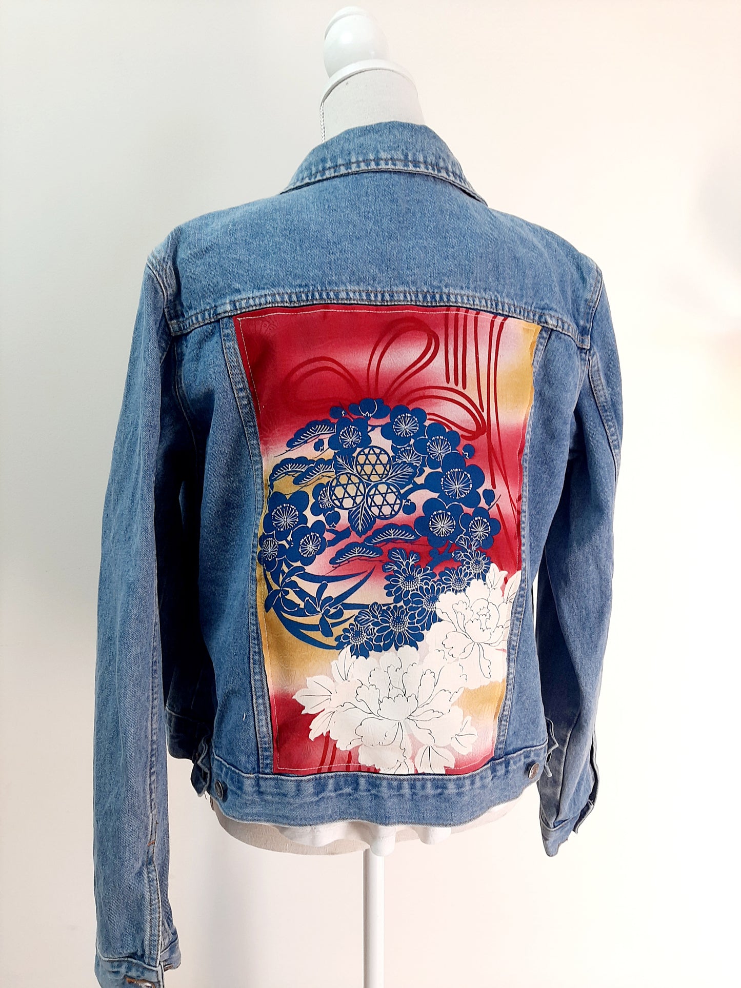 Upcycled Denim jacket with vintage kimono fabrics