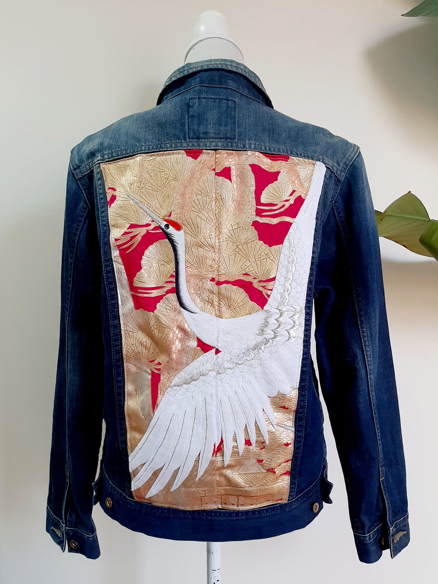 Upcycled Denim jacket with vintage kimono fabrics