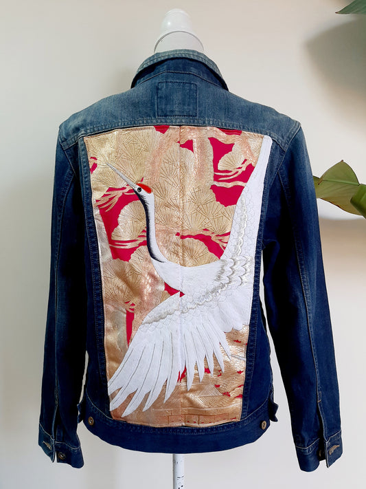 Upcycled Denim jacket with vintage kimono fabrics