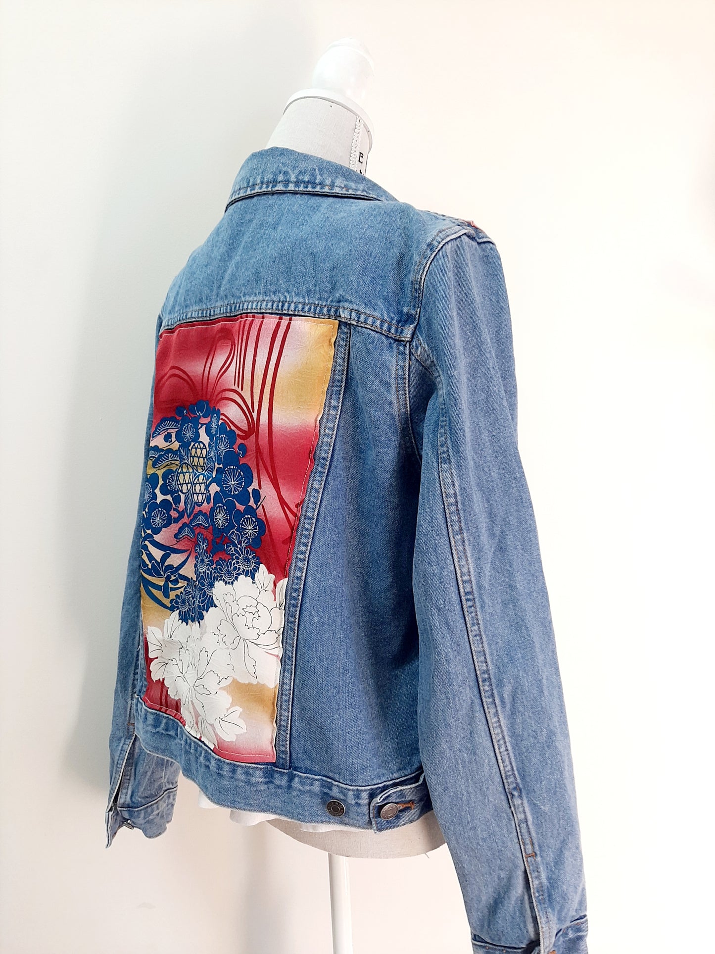 Upcycled Denim jacket with vintage kimono fabrics