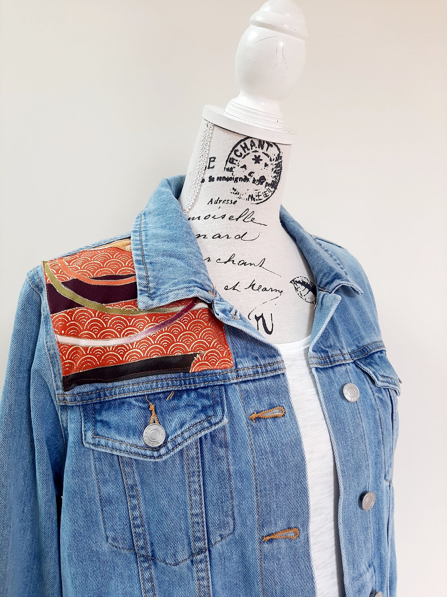 Upcycled Denim jacket with vintage kimono fabrics