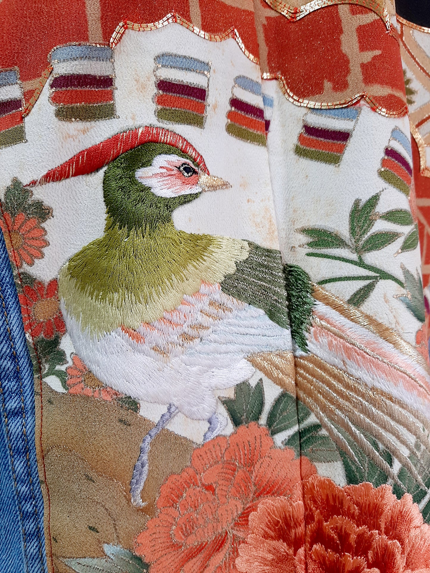 Upcycled Denim jacket with vintage kimono fabrics