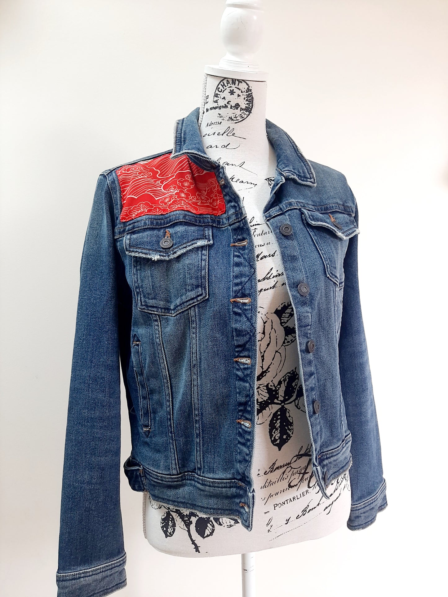 Upcycled Denim jacket with vintage kimono fabrics