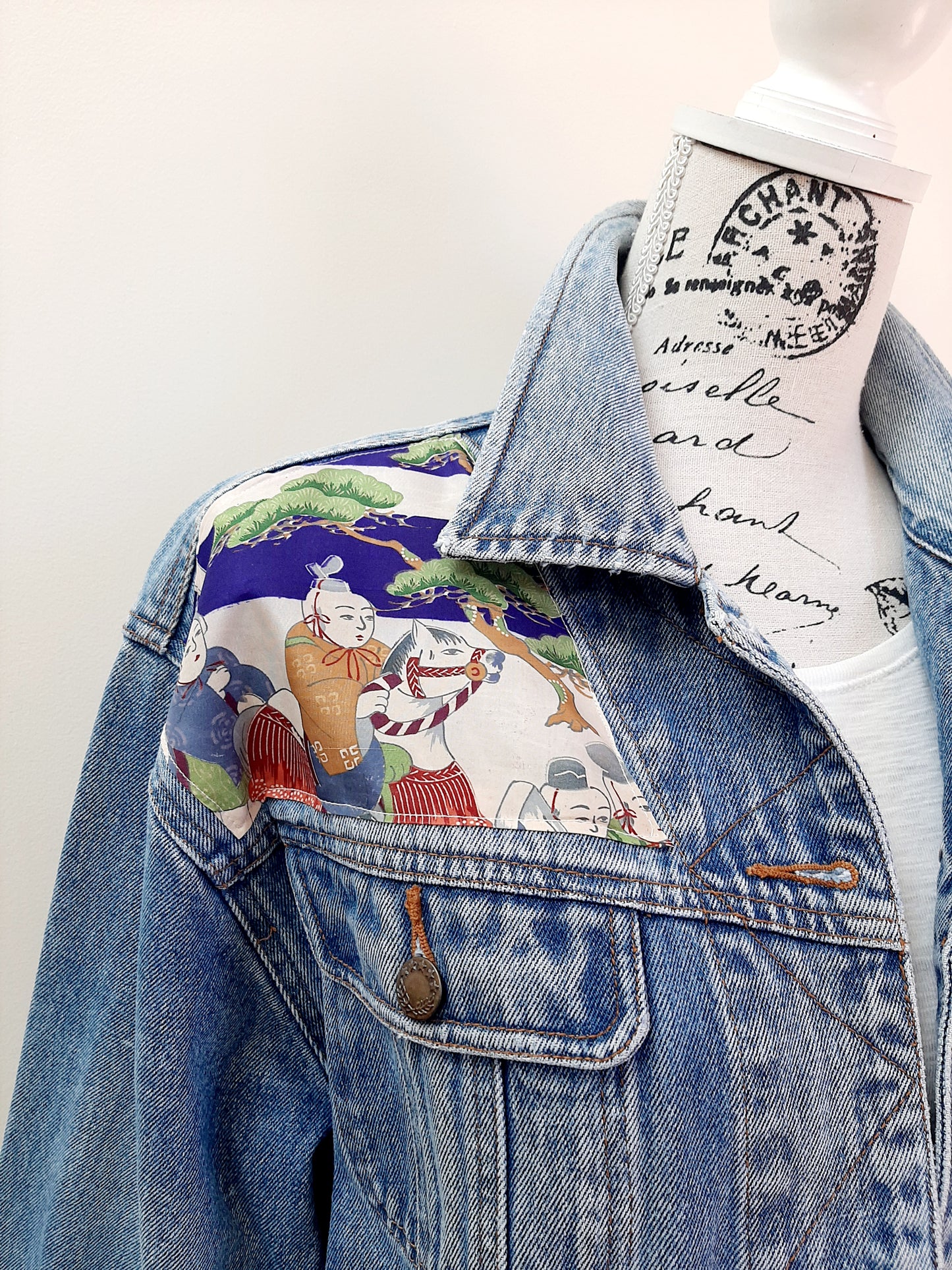 Upcycled Denim jacket with vintage kimono fabrics