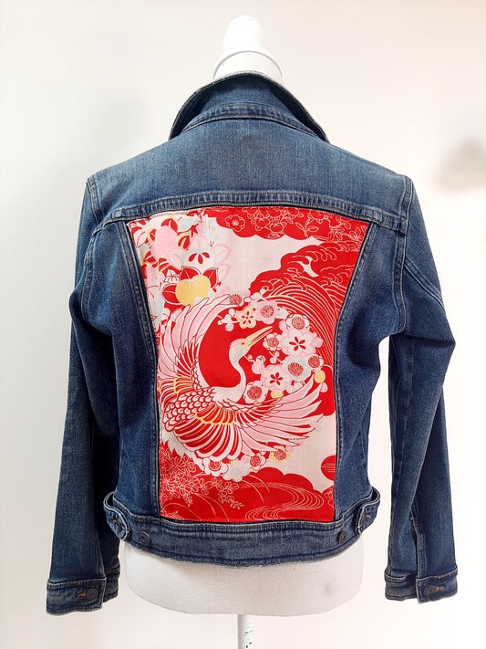 Upcycled Denim jacket with vintage kimono fabrics