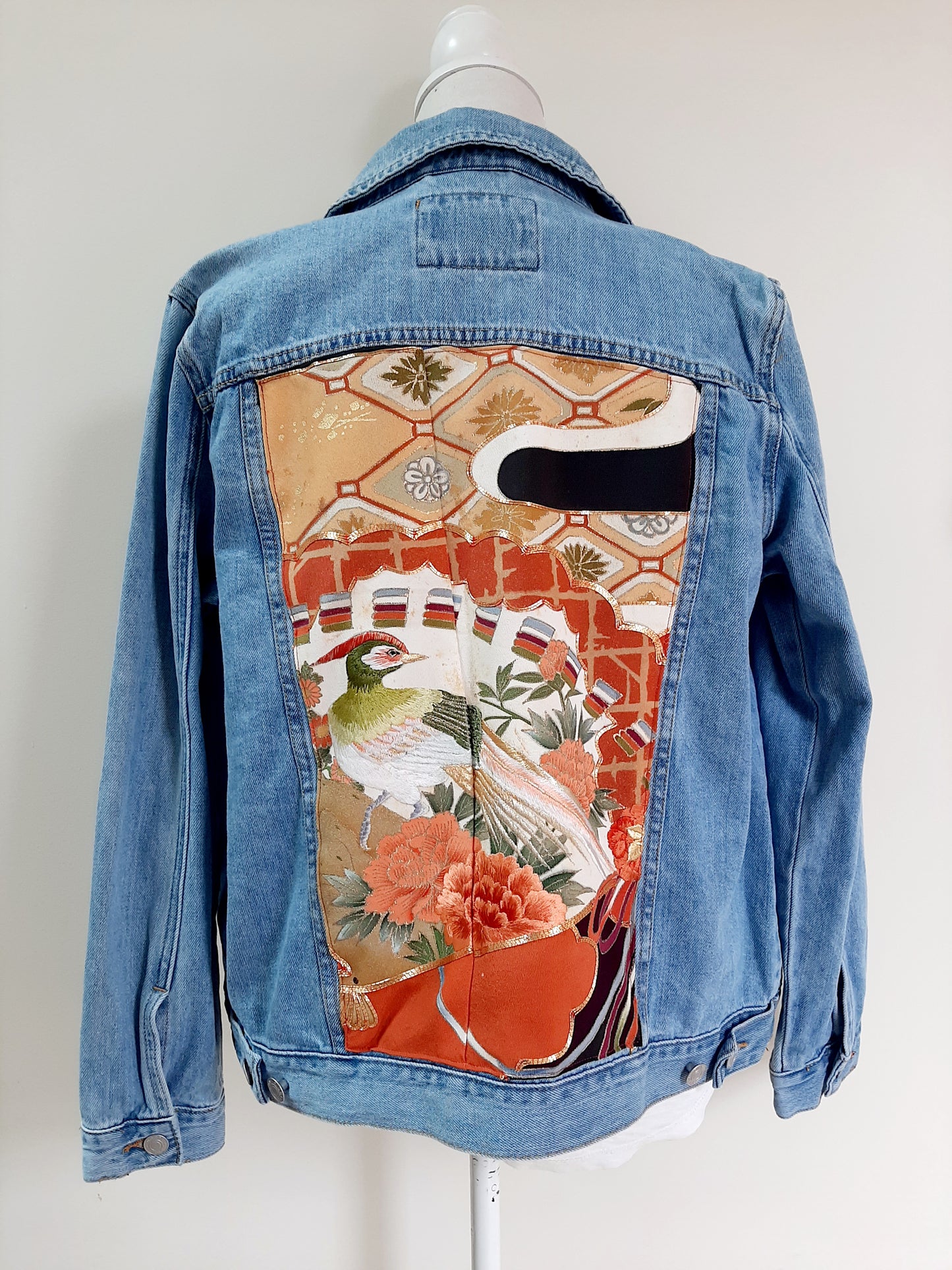 Upcycled Denim jacket with vintage kimono fabrics