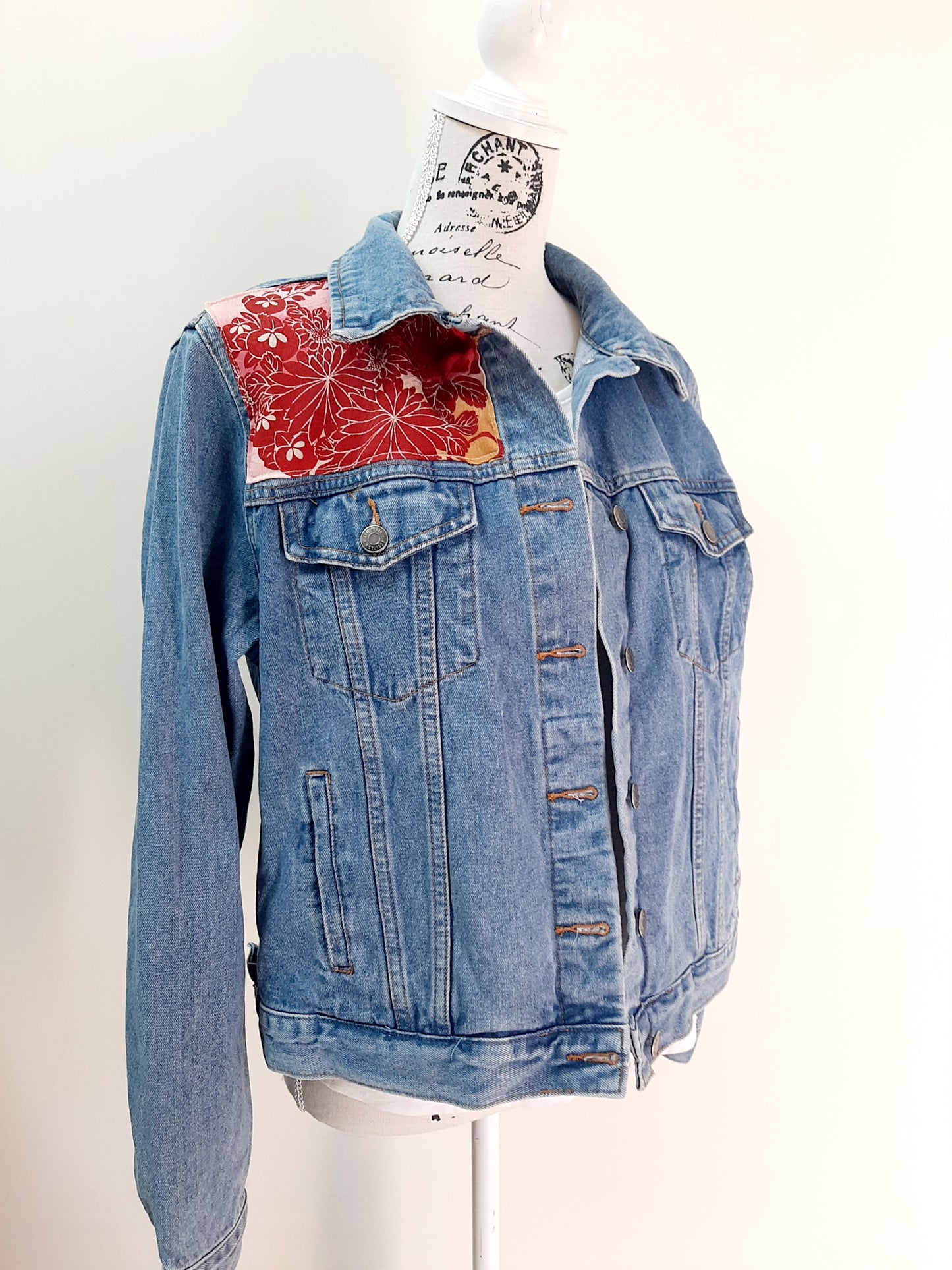 Upcycled Denim jacket with vintage kimono fabrics
