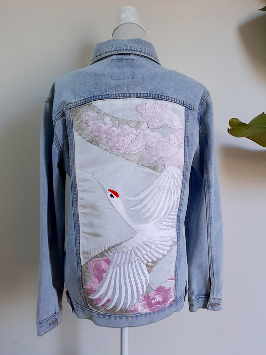 Upcycled Denim jacket with vintage kimono fabrics