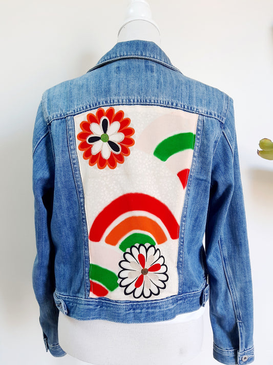 Upcycled Denim jacket with vintage kimono fabrics