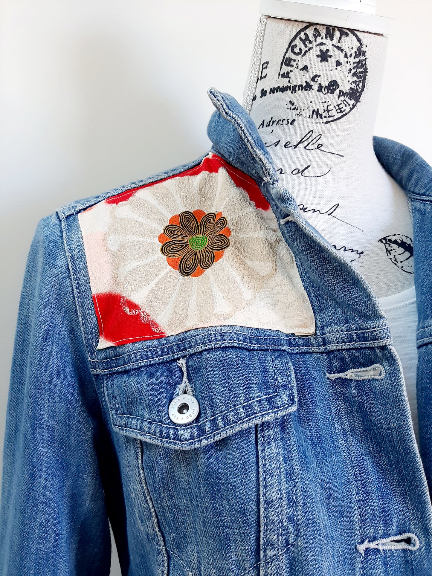 Upcycled Denim jacket with vintage kimono fabrics