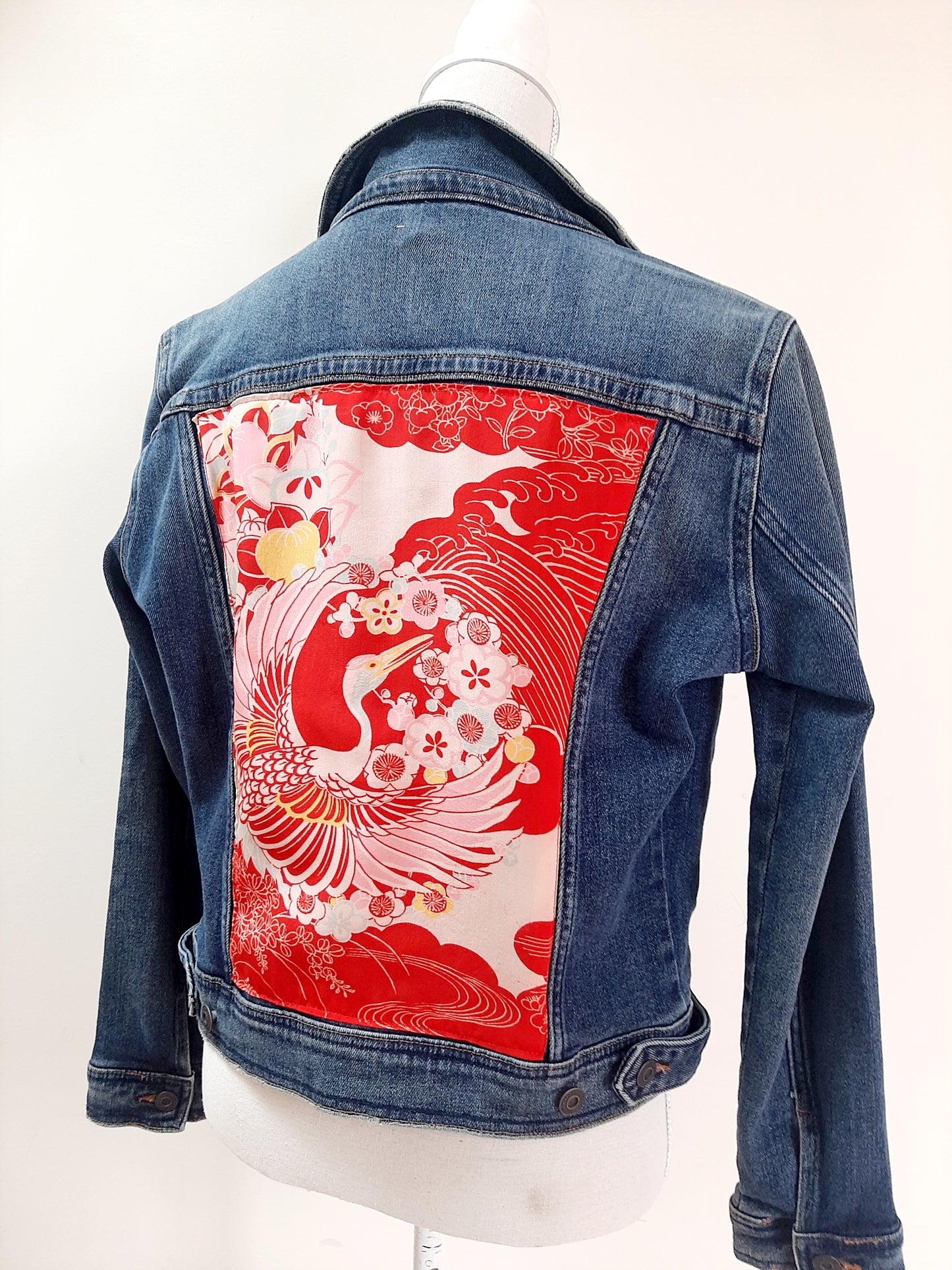 Upcycled Denim jacket with vintage kimono fabrics