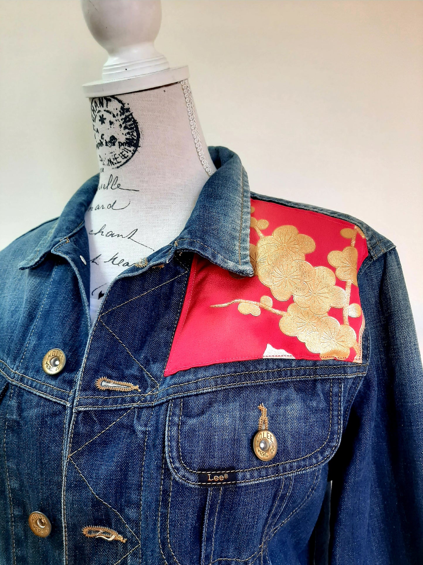 Upcycled Denim jacket with vintage kimono fabrics