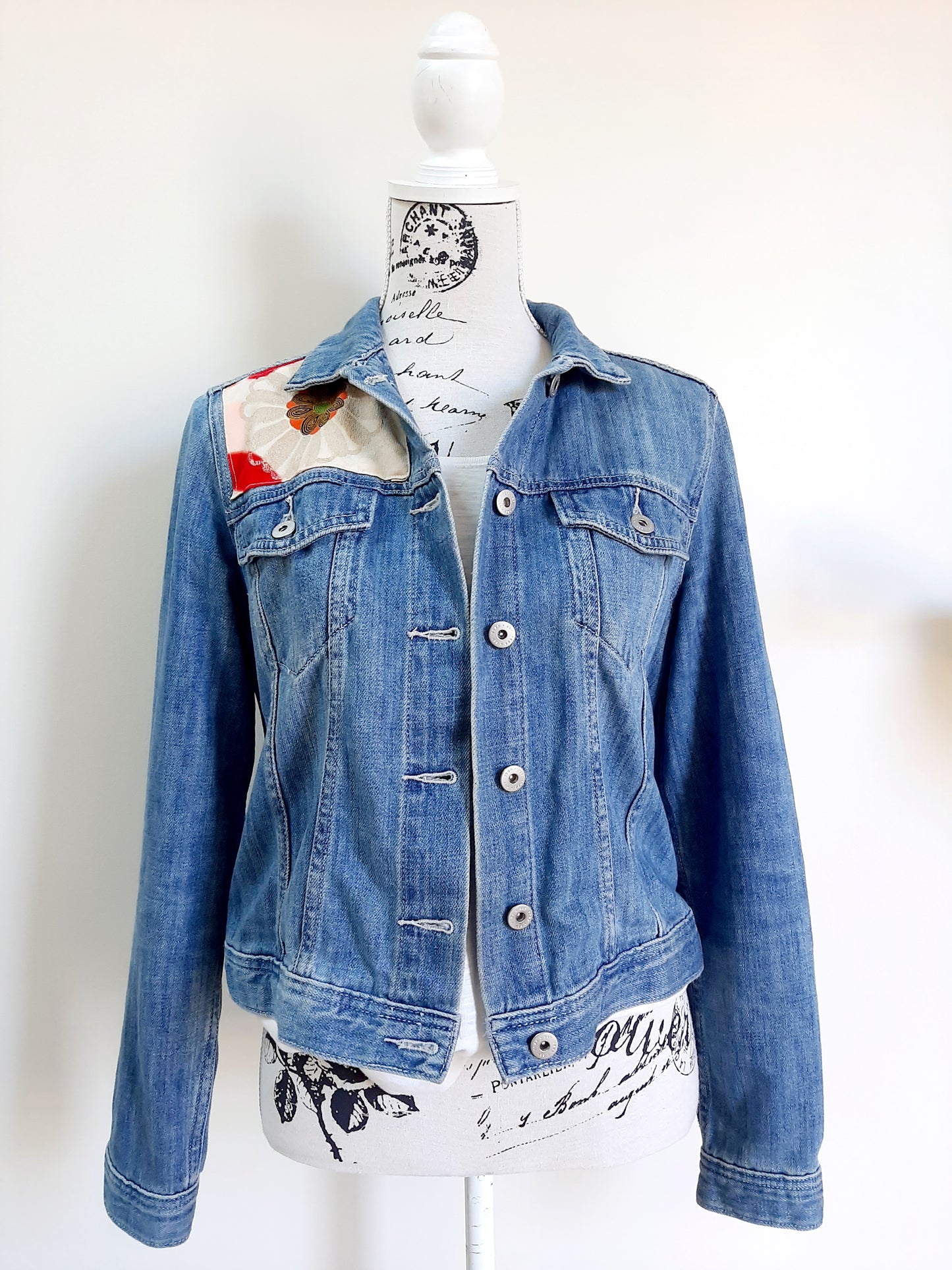 Upcycled Denim jacket with vintage kimono fabrics
