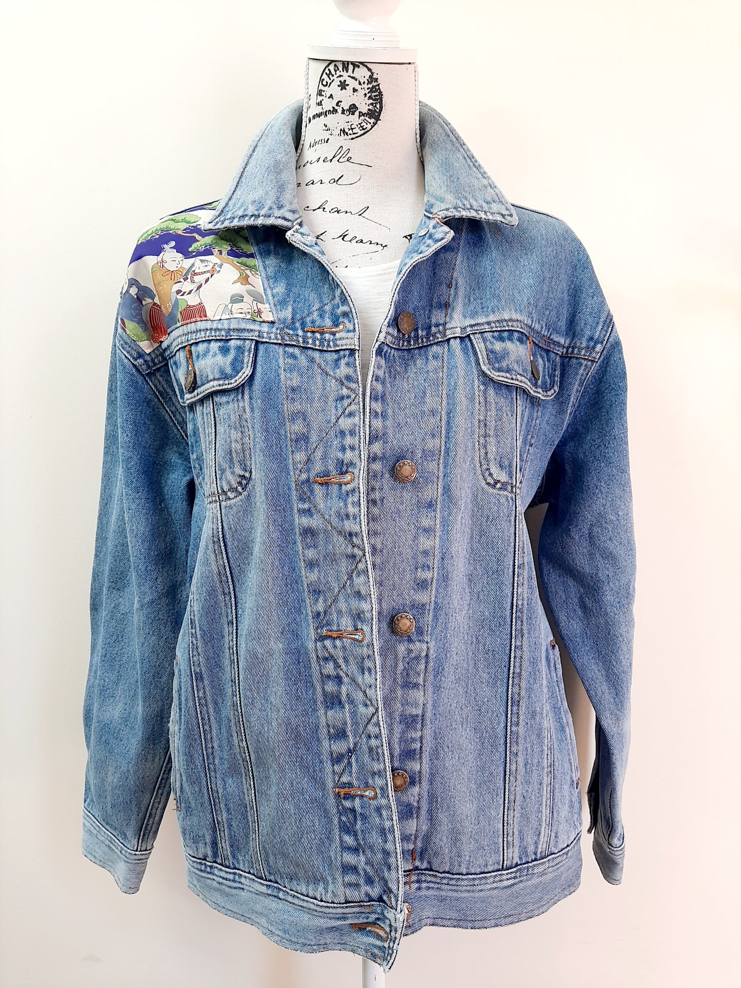 Upcycled Denim jacket with vintage kimono fabrics