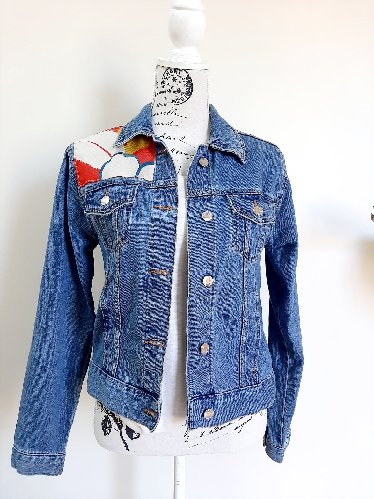 Upcycled Denim jacket with vintage kimono fabrics