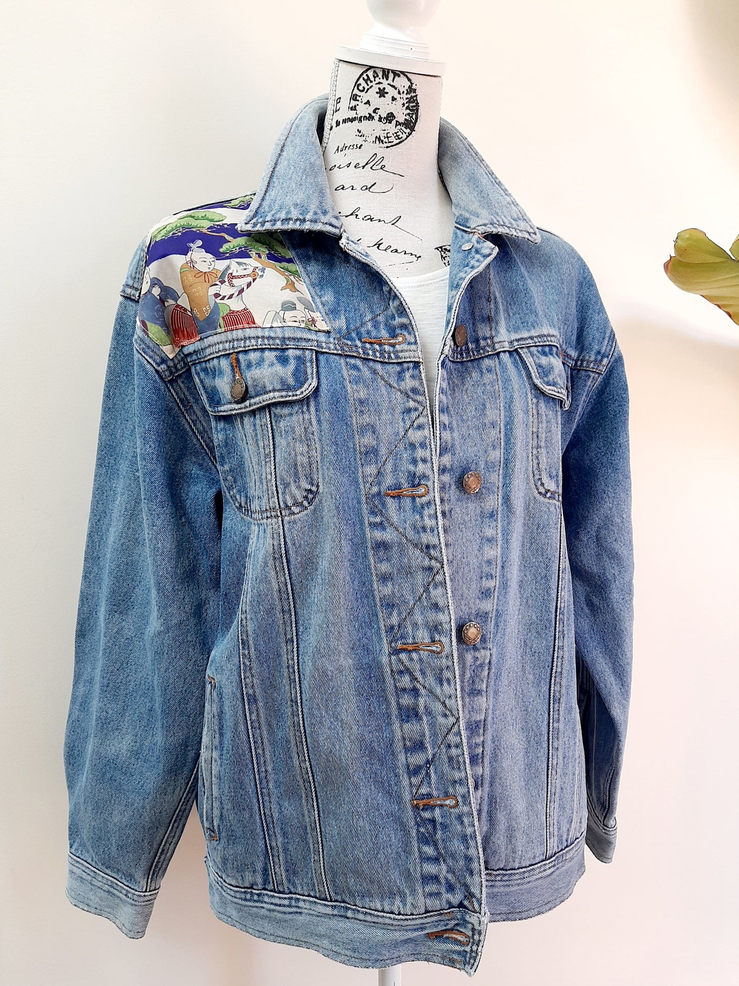 Upcycled Denim jacket with vintage kimono fabrics