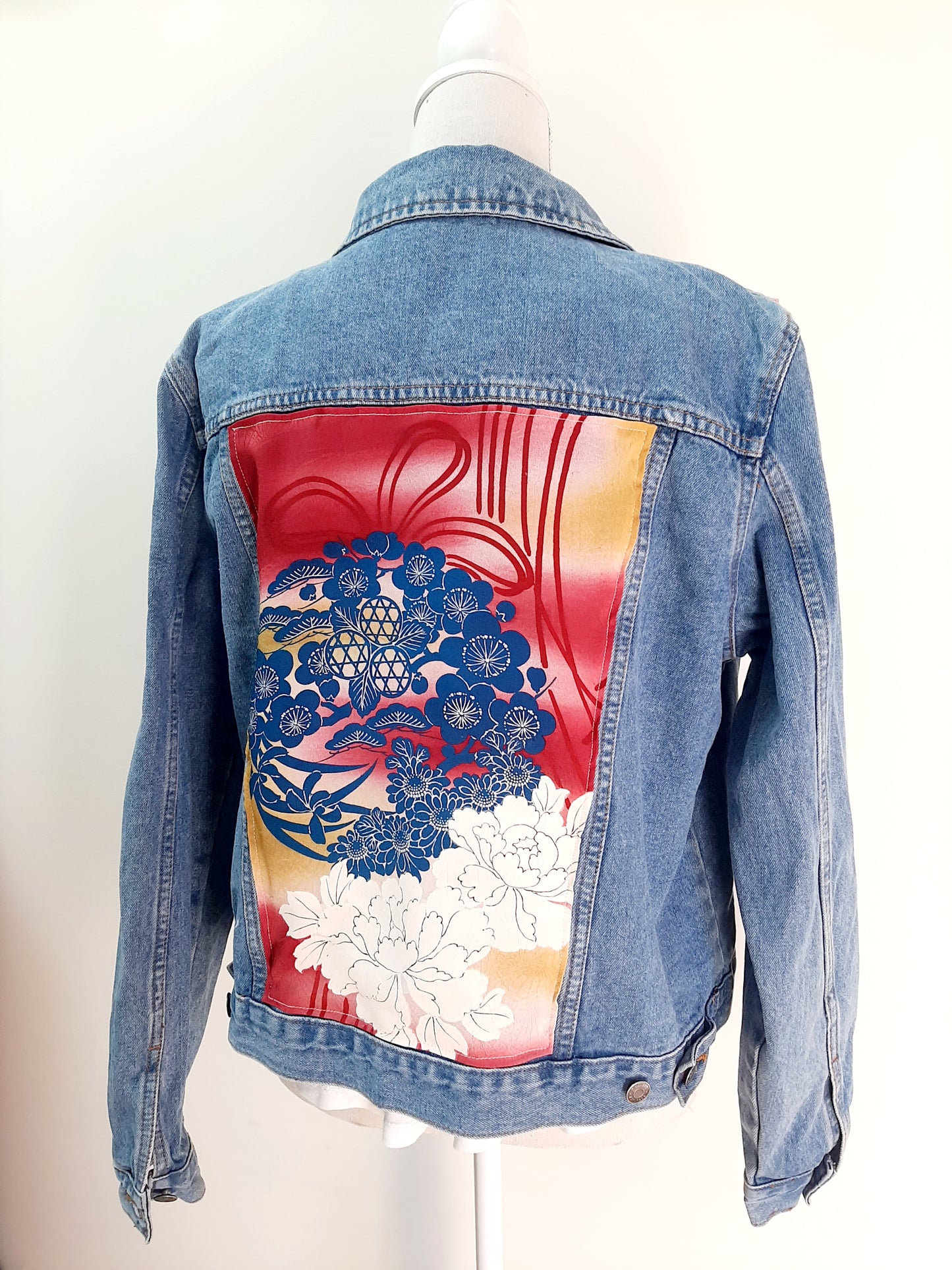 Upcycled Denim jacket with vintage kimono fabrics