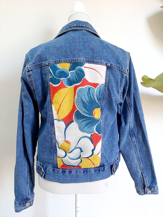 Upcycled Denim jacket with vintage kimono fabrics